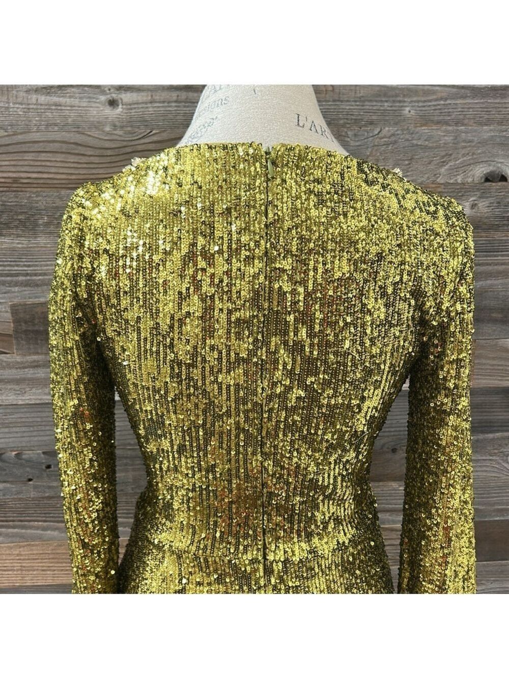 Theia Green Sequin Mesh Faux Wrap MIDI Dress 3/4 Length Sleeve Size 4 NWT - Picture 8 of 12
